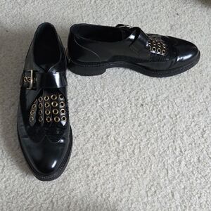 Burberry Black Leather Loafers w Gold Rivet Tassels Over Velvet & Buckle Detail
